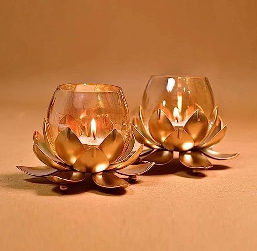 Crackle Flower Candle Holder (set of 2) [Gold]